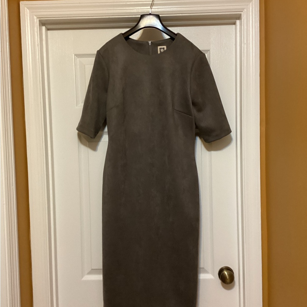 Anne Klein Gray Faux Suede Midi Sheath Dress Crew Neck - Picture 2 of 4